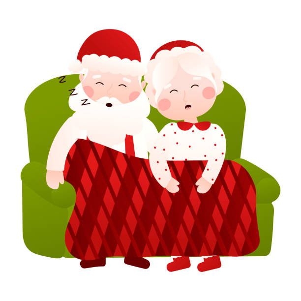 Mr and Mrs Santa Claus sleeping on a couch in cartoon style on white background, clip art for poster design Mr and Mrs Santa Claus sleeping on a couch in cartoon style on white background, clip art for poster design or greetings cards, invitations mrs claus stock illustrations