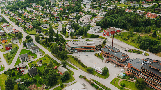 Drone photo of the modern and old Scandinaviian architecture of the Nordic city. of Volda, More Og Romsdal County, Norway