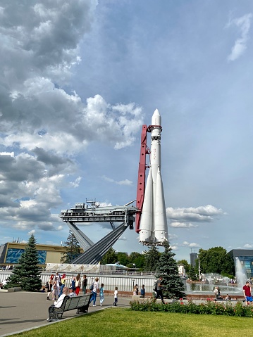 Moscow, Russia - July 17, 2022: Exhibition of Achievements of National Economy, Monument of launch pad of rocketship Vostok