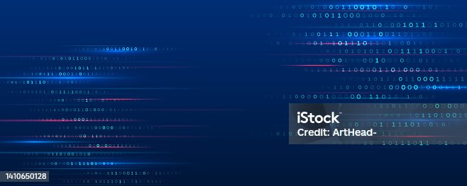 istock Modern high-tech background for presentations and websites. Abstract background with glowing dynamic lines, binary code. Futuristic red-blue stripes. 1410650128