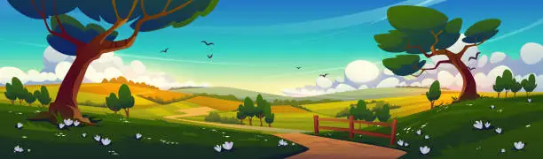 Vector illustration of Rural landscape with green trees and fields