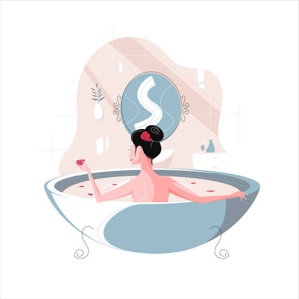 ilustrações de stock, clip art, desenhos animados e ícones de beautiful woman taking a bath with rose petals vector illustration. - woman in mirror backview