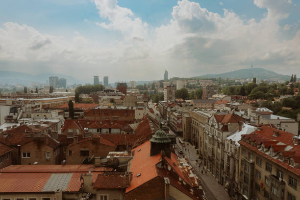 Sarajevo Old Town Aerial Sunset View From High Altitude stock photo