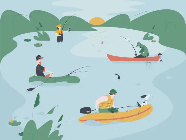 Vector illustration of Several fishermen on boat are fishing on a lake or river. Fish catching vector illustration.