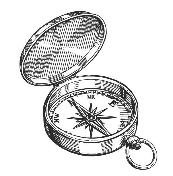 Vintage travel compass navigation with wind rose sketch engraving vector illustration. Hiking compass isolated Vintage travel compass navigation with wind rose sketch engraving vector illustration. Hiking compass isolated engrave stock illustrations