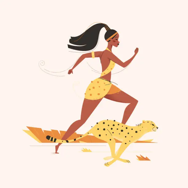 Vector illustration of Black African woman running with a wild cat such as cheetah, leopard or jaguar. Active lifestyle sport vector illustration with etnhnic, tribal elements design.