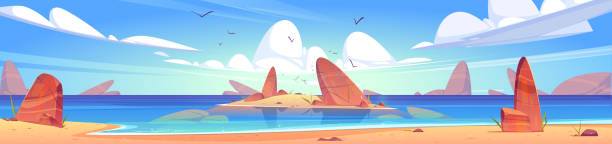 illustrazioni stock, clip art, cartoni animati e icone di tendenza di paesaggio della spiaggia di mare con pietre - lake coastline blue nautical vessel