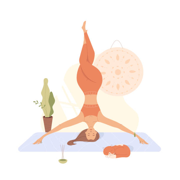 A woman practices yoga headstand balance at home next to a sleeping cat. Vector cartoon illustration of girl and mandala, trendy flat style. headstand stock illustrations