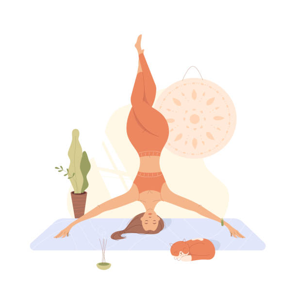 A woman practices yoga headstand balance at home next to a sleeping cat. Vector cartoon illustration of girl and mandala, trendy flat style. garudasana illustrations stock illustrations