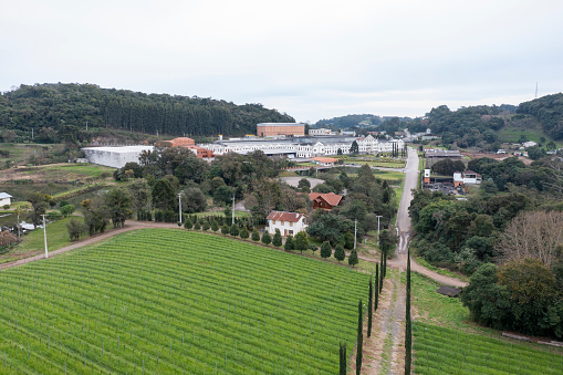 Bento Gonçalves, RS, Brazil, JUL 10, 2022, Salton winery in the Tuiutí region, seen from a drone
