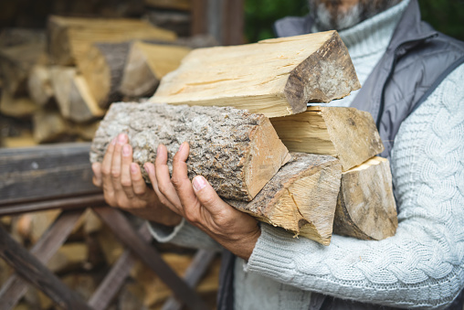 mature adult man carrying firewood
