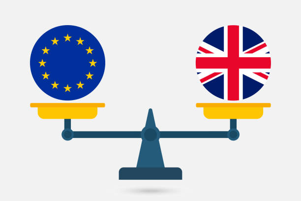 Scales balancing the EU and the UK flag. Vector illustration. Scales balancing the EU and the UK flag. Vector illustration. law european community european union flag global communications stock illustrations