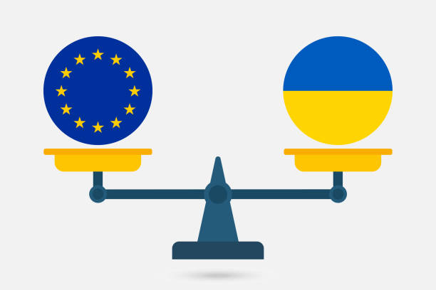 Scales balancing the EU and the Ukraine flag. Vector illustration. Scales balancing the EU and the Ukraine flag. Vector illustration. law european community european union flag global communications stock illustrations