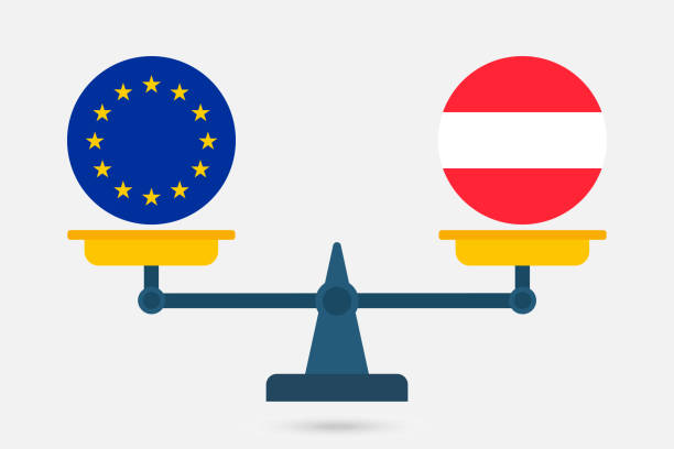 Scales balancing the EU and the Austria flag. Vector illustration. Scales balancing the EU and the Austria flag. Vector illustration. law european community european union flag global communications stock illustrations