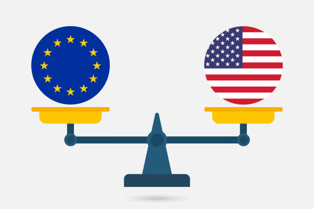 Scales balancing the EU and the USA flag. Vector illustration. Scales balancing the EU and the USA flag. Vector illustration. law european community european union flag global communications stock illustrations