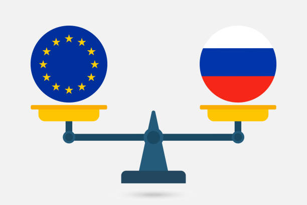 Scales balancing the EU and the Russia flag. Vector illustration. Scales balancing the EU and the Russia flag. Vector illustration. law european community european union flag global communications stock illustrations
