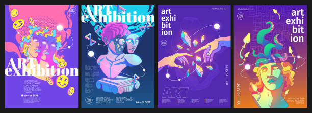 illustrations, cliparts, dessins animés et icônes de affiches d’exposition d’art avec un design rétro acide - sculpture