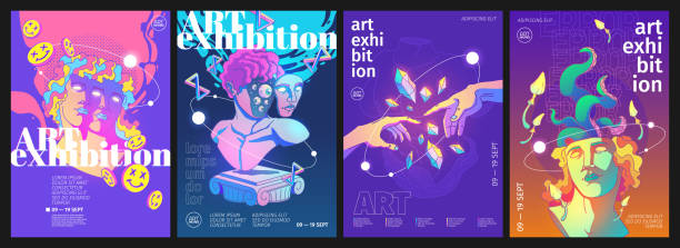 ilustrações, clipart, desenhos animados e ícones de pôsteres de exposição de arte com design de ácido retrô - sculpture