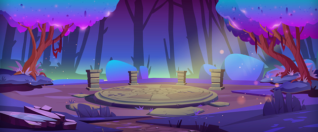 Magic forest with round stone altar at night