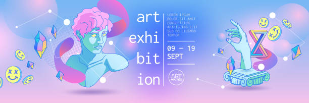 Trendy contemporary design, art exhibition poster Trendy contemporary design for art exhibition poster. Vector horizontal banner of gallery or museum with creative collage with greek sculpture on gradient background popart hand stock illustrations