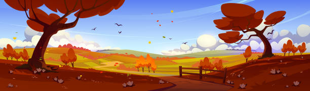 ilustrações de stock, clip art, desenhos animados e ícones de autumn rural landscape with orange trees, fields - poland rural scene scenics pasture