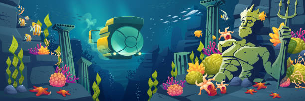 Underwater sea landscape with submarine, fish Underwater sea landscape with submarine, fish, corals, marine plants and animals, marble columns and fragment of Neptune statue. Vector cartoon illustration of tropical ocean scene with bathyscaphe greek god poseidon backgrounds stock illustrations