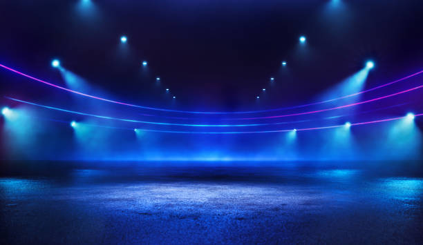 gran estadio digital de neón azul iluminado por la noche con focos de fondo de espacio vacío en el césped. copiar espacio neón plantilla deportiva - rondas deportivas fotografías e imágenes de stock