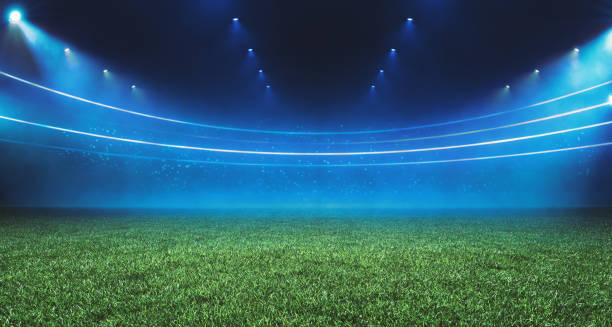 digitale fußballstadionansicht, beleuchtet durch blaue scheinwerfer und leeres grünes rasenfeld. sportthema digitale 3d-hintergrundwerbung illustration designvorlage - fußballfeld stock-fotos und bilder