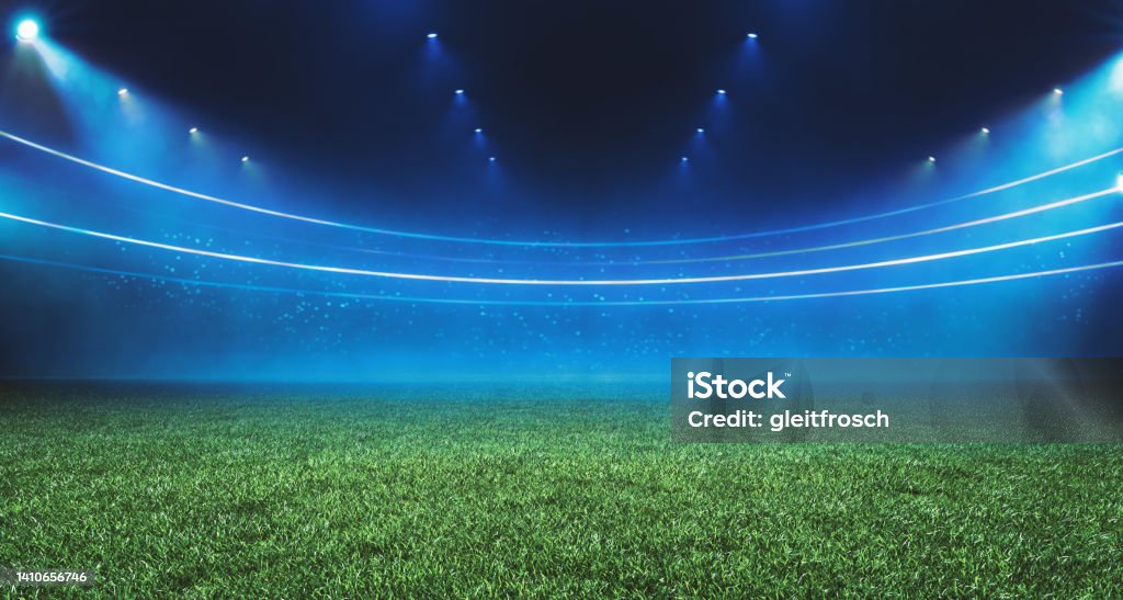 Digital Football stadium view illuminated by blue spotlights and empty green grass field. Sport theme digital 3D background advertisement illustration design template Soccer Stock Photo