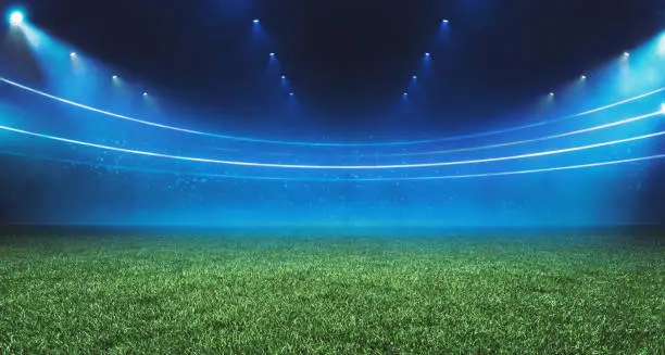 Photo of Digital Football stadium view illuminated by blue spotlights and empty green grass field. Sport theme digital 3D background advertisement illustration design template