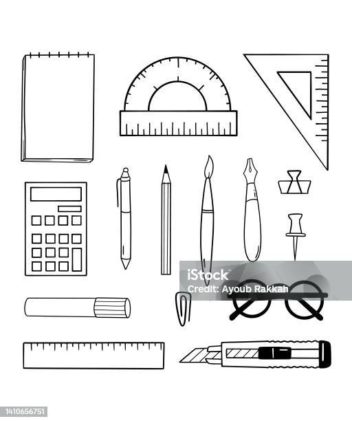 Drawing Tools Set Of Hand Drawn Sketch Vector Artist Materials Black And  White Stylized Illustration Isolated On White Background Pens Notebooks  Rulers Compass Stock Illustration - Download Image Now - iStock