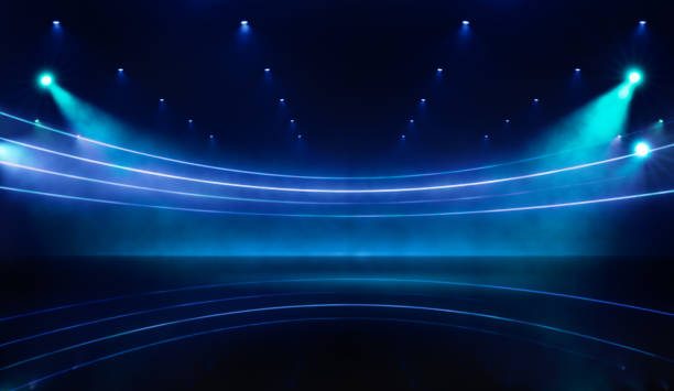 istock Abstract neon blue lines on black background illuminated reflections on ground scene. Science sci-fi and technology concept 1410656779