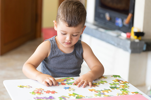 Little cute two year old boy playing with puzzle