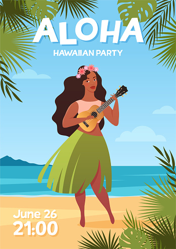 Young woman in traditional hawaiian skirt dancing hula dance with ukulele guitar. Aloha hawaii flyer template, tropical beach party.