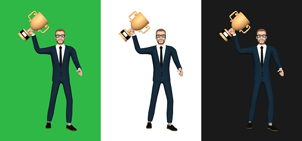 Businessman character holding trophy illustration 3D image isolated background