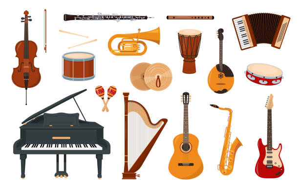 illustrazioni stock, clip art, cartoni animati e icone di tendenza di set di icone di strumenti musicali isolate su sfondo bianco. - fisarmonica strumento