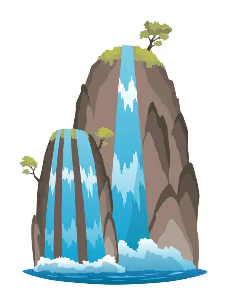 Vector illustration of Waterfall. Cartoon landscape with rock mountains and trees. River fall from cliff on white background. Picturesque tourist attraction with clear water