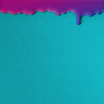Purple pink paint droplets drip on light cyan blue square wall copy space background template