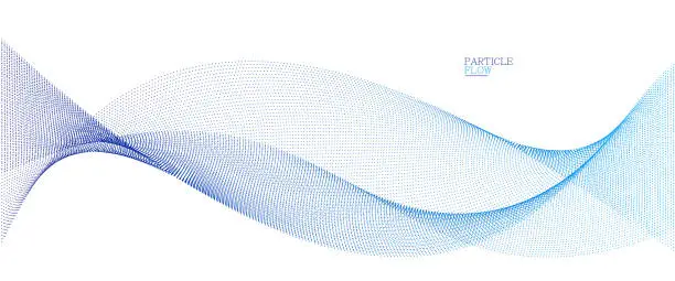 Vector illustration of Blue airy particles flow vector design, abstract background with wave of flowing dots array, digital futuristic illustration, nano technology theme.