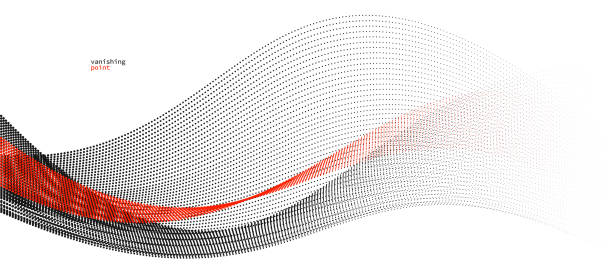 istock Abstract background vector illustration, red and black dots in motion by curve lines, particles flow wave isolated, monochrome black and white illustration. 1410663352