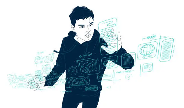 Vector illustration of Teenager boy controls HUD virtual interface vector illustration, futuristic concept school student studying, future teen technology theme.