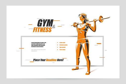 Young attractive woman with perfect muscular body training with a barbell vector flyer for advertising isolated, sport exercises active lifestyle banner.