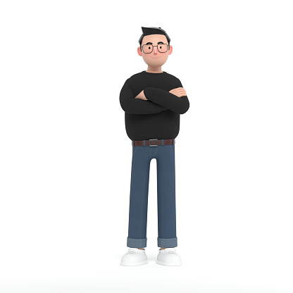 Young creative businessman standing with his arms crossed in a black sweater and jeans.3D Render.
