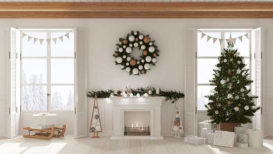 Christmas interior design, living room with fireplace in white tones, decorated tree and panoramic windows on winter landscape. New year party, contemporary style