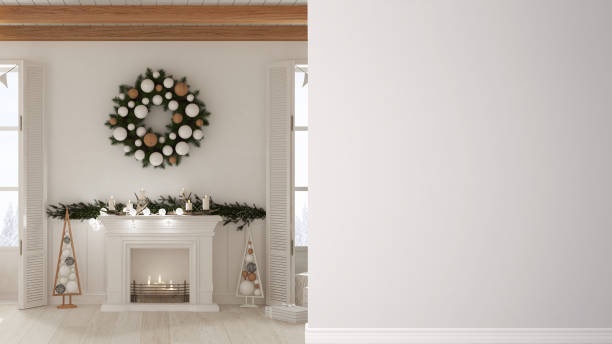 istock Christmas living room with tree and fireplace on a foreground wall, interior design architecture idea, concept with copy space, blank background 1410665497