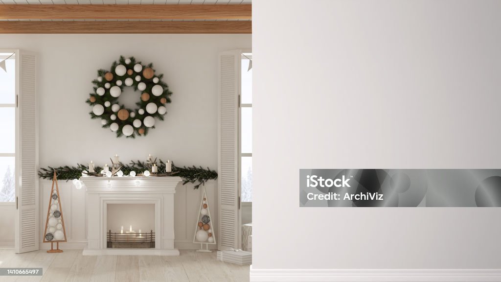 Christmas living room with tree and fireplace on a foreground wall, interior design architecture idea, concept with copy space, blank background Christmas Stock Photo