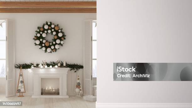 Christmas Living Room With Tree And Fireplace On A Foreground Wall Interior Design Architecture Idea Concept With Copy Space Blank Background Stock Photo - Download Image Now