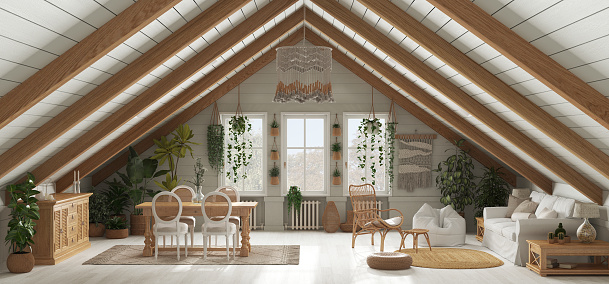 Very authentic architecture of a ceiling/attic, with visible brown frameworks, a big window makes it very bright and luminous. Huge ceiling high.