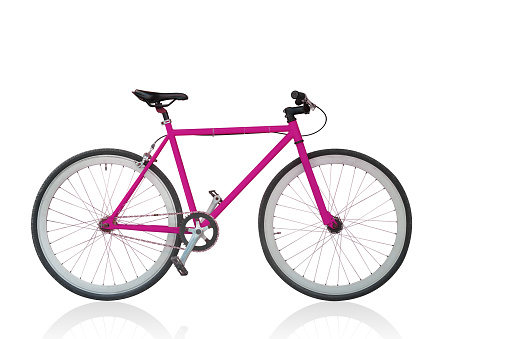 side view pink and black bicycle on white background, object, fashion, sport, relex, decor, copy space