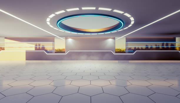 istock 3d rendering of empty space inside futuristic showroom, spaceship, hall or studio in perspective view. 1410666613